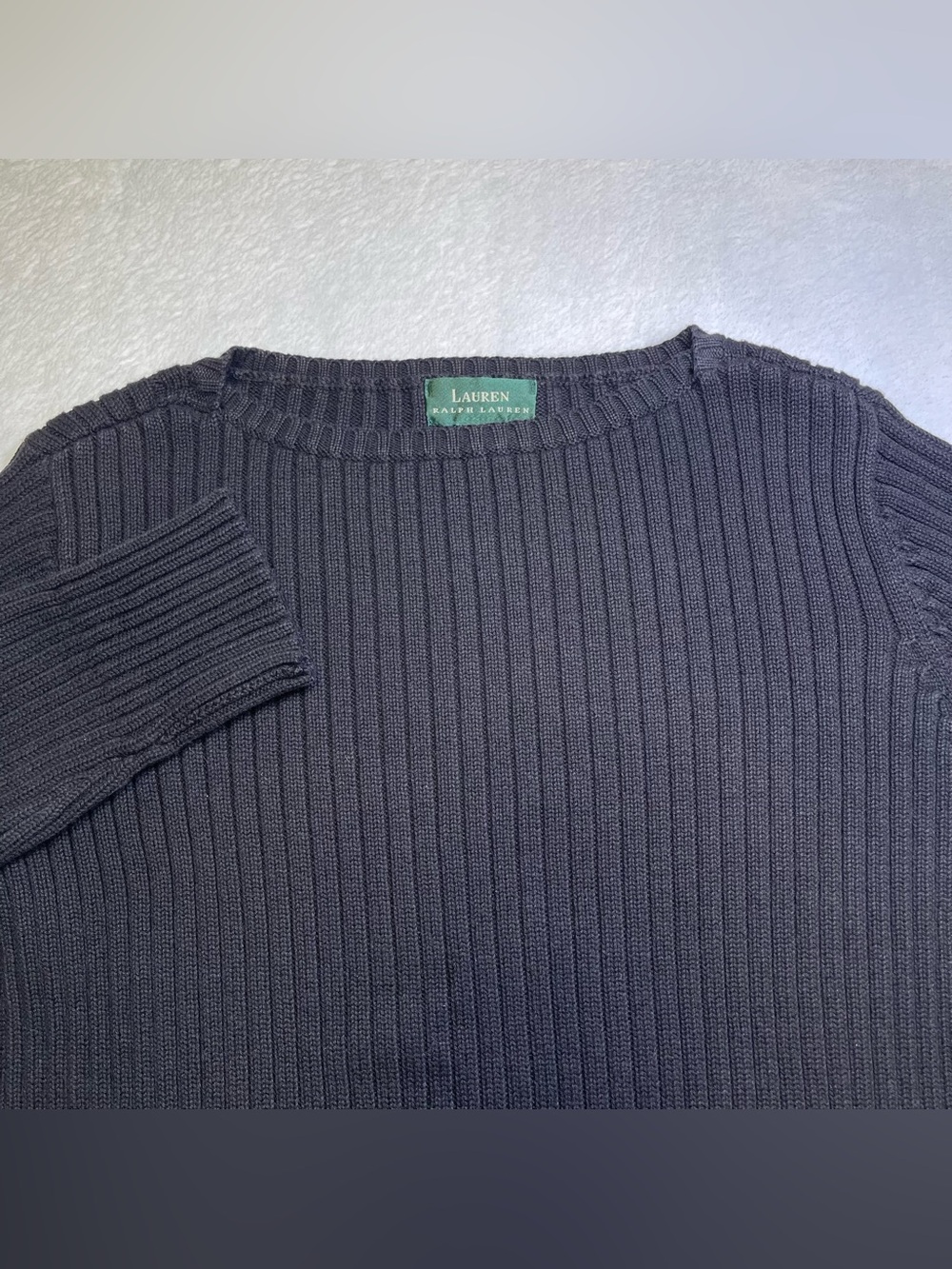 Lauren Ralph Lauren Black Ribbed Knit Boat Neck 100% Cotton Sweater Medium